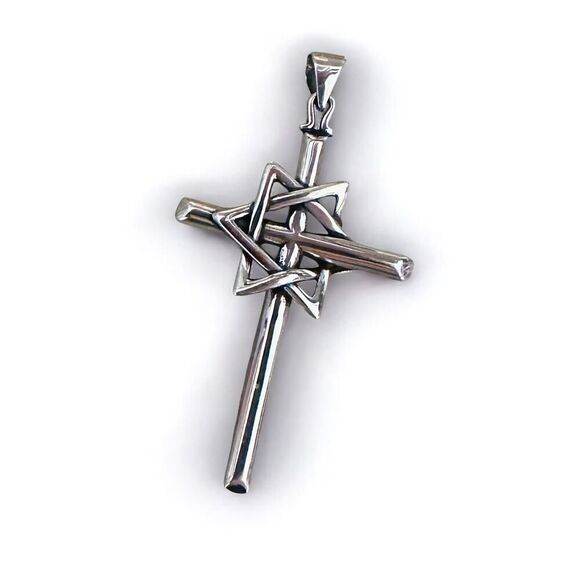 Sterling Silver Large Star of David Cross Pendant - Picture 1 of 7